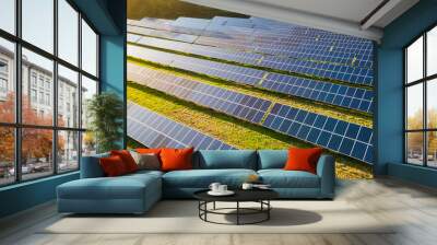 Solar power farm in the evening, fields of West Sussex, UK. Wall mural