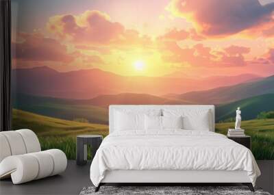 Beautiful summer landscape with green hills and grass at sunset, summertime Wall mural