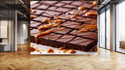 Chocolate with liquid caramel, sweet food, macro shot Wall mural