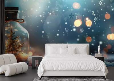 Christmas background or New Year's backdrop, holiday banner with copy space. Miniature christmas tree inside a glass jar with fairy lights on a snowy background with falling snow and bokeh Wall mural