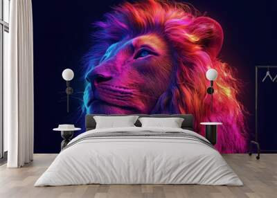 Colorful abstract lion illustration, design with digital painting technique on a black background Wall mural