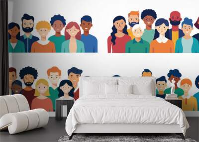 Colorful collection of illustrated flat design characters representing a diverse group of people with various ethnic backgrounds, hairstyles, and attires Wall mural