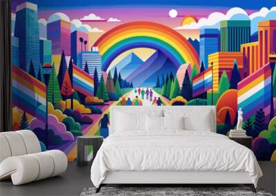 Colorful illustration depicting a diverse group of individuals heading towards a futuristic city under an expansive rainbow. Symbolizing an inclusive lgbtq community in a harmonious urban environment Wall mural