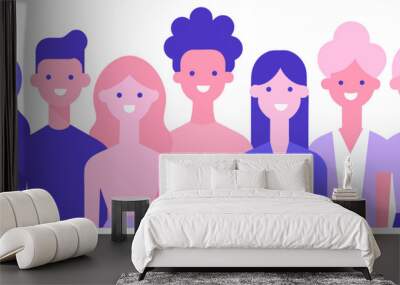 Colorful illustration of a diverse group of seven smiling characters with a modern, flat design style, showcasing inclusivity and friendship in a vibrant composition Wall mural