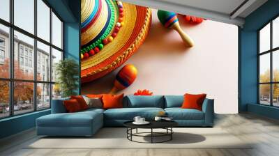 Colorful sombrero, maracas, and bright flowers. Mexican background for celebrate Mexico festive festival Cinco de mayo Wall mural