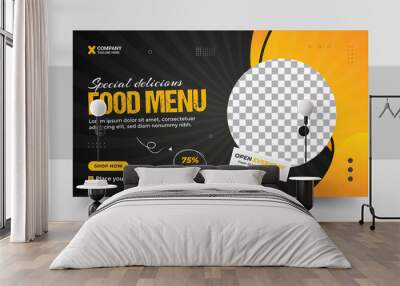 Creative fast food business promotion web banner template design, Restaurant healthy burger online sale social media marketing cover or flyer. Wall mural