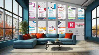 Design of vector white roll-up banners with round, square, diagonal and triangular design elements and a place for photo,  Wall mural