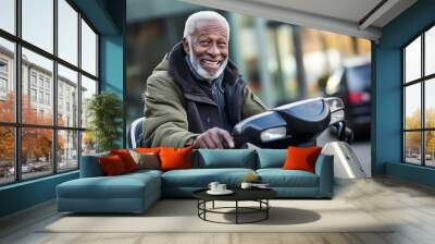 Elderly African American man on a mobility scooter on street, senior's outdoor adventure Wall mural