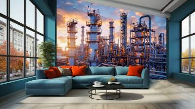 Factory in the city, chemical refinery and gas processing, oil and gasoline industry. Wall mural