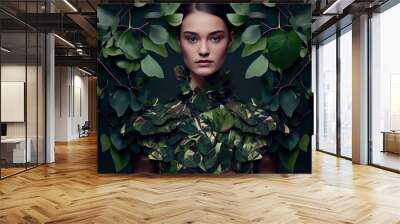 fashion model wearing dress with green leafs, sustainable fashion concept. Generative AI Wall mural