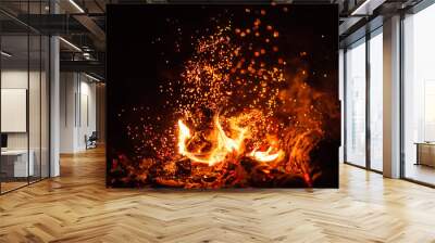 Fiery fire isolated on black isolated background . Beautiful yellow, orange and red fire flame texture style. Wall mural