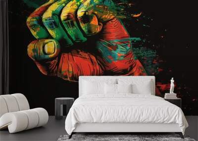 Fist of force with rasta colors on black background, digital illustration Wall mural