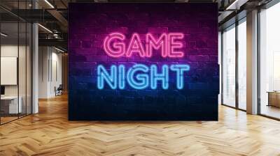 game night neon sign. purple and blue glow. neon text. Brick wall lit by neon lamps. Night lighting on the wall. 3d illustration. Trendy Design. light banner, bright advertisement Wall mural