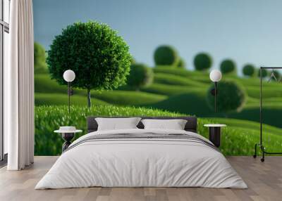 Garden grass hill product display blurred natural cosmetics background with empty space. Product showcase podium on greenery minimalistic landscape banner Wall mural