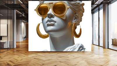 Greek goddess blowing golden bubblegum. Ancient marble head sculpture chewing gum contemporary art, in gold sunglasses with earrings Wall mural