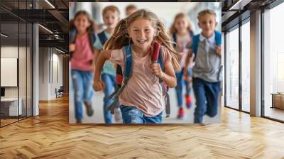 Happy school children running in the corridor of their elementary or high school Wall mural