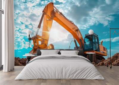 heavy machinery, excavator is digging the ground on construction site Wall mural