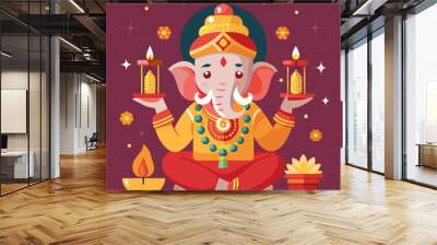 Illustration of lord ganesha meditating in lotus pose, holding traditional indian oil lamps, for diwali festival celebration Wall mural