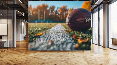 A brown football lies on a green field with fallen leaves, a white line separating the field Wall mural