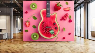 A creatively designed guitar made entirely out of vibrant watermelon and kiwi slices, showcasing a unique and fruity artistic concept Wall mural