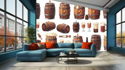 Collection of wooden barrels and glasses filled with beer Wall mural