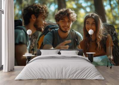 Friends gather in the forest, sharing food and planning their next adventure with a map Wall mural