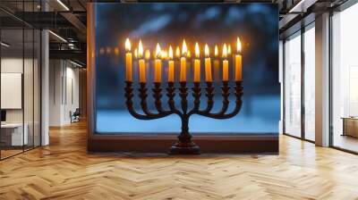 The menorah glows brightly against the dark, snowy backdrop, illuminating the room Wall mural