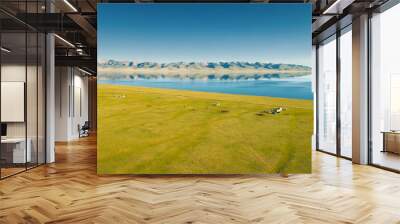 View from above of Song Kul - high alpine lake in the Tian Shan Mountains of Kyrgyzstan Wall mural