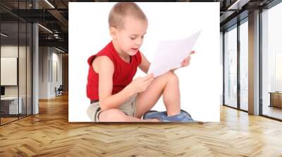 boy with paper isolated on white Wall mural