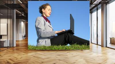 businesswoman sit with notebook on blue sky 2 Wall mural