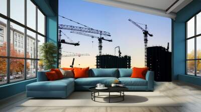 construction cranes silhouette sunset Wall mural