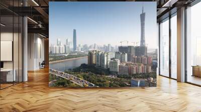 Panorama of Guangzhou in daytime, Zhujiang New Town. Wall mural