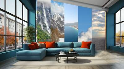 Seven landscapes with sea, mountains, waterfall, clouds, collage Wall mural