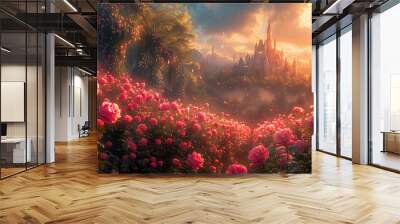 A beautiful fantasy landscape with pink roses in bloom, a distant castle, and a soft, dreamy sunset Wall mural