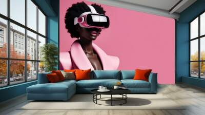 A confident figure wears futuristic virtual reality goggles while dressed in striking pink fashion, set against a complementary backdrop Wall mural