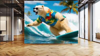 A polar bear wearing sunglasses and a tropical shirt rides a surfboard on a turquoise wave in a tropical paradise Wall mural