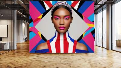 A striking portrait showcases a model's bold makeup and outfit, blending seamlessly with vibrant colors and geometric patterns, creating a celebration of creativity Wall mural