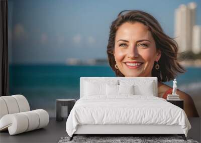 A woman with a warm smile stands on a beach, looking out at the ocean. The sun shines brightly and the beach is empty Wall mural