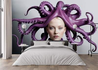 This captivating visual presents a model showcasing a striking headpiece designed to resemble an octopus. The unique creation amplifies elegance and imagination, set against a simple backdrop Wall mural