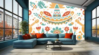 Mexican background festive backdrop for festival Cinco de mayo. Mexico poster. Vibrant illustration of traditional mexican folk art with floral and musical motifs Wall mural