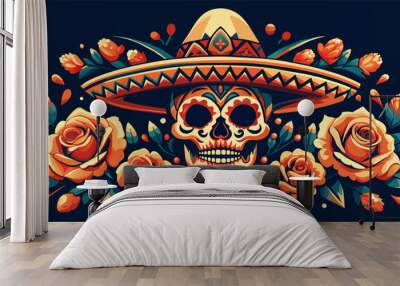 Mexican sugar skull Mexico festive for festival dia de los muertos. Retro old school dead skull for chicano tattoo. Colorful illustration of a day traditional flowers on black background Wall mural