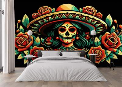 Mexican woman Mexico festive for festival dia de los muertos. Vibrant vector illustration of a decorative female sugar skull with sombrero for day of the dead celebration Wall mural