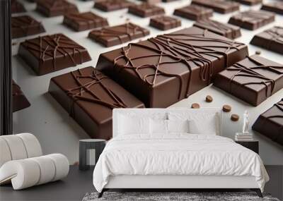 Milk chocolate on white table, sweet food.  Wall mural