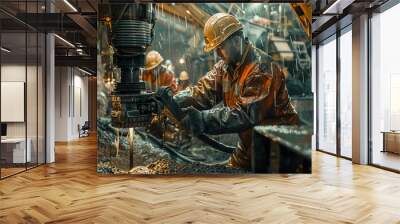 Miners in a tunnel with machines, mining industry worker operating machinery, coal miner with safety helmet. Wall mural