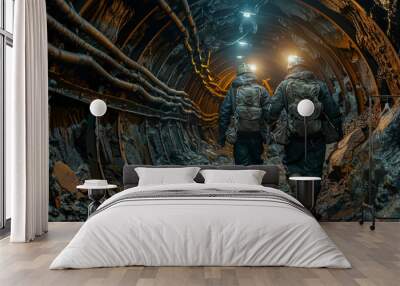 Miners in the mine, operating machinery for mineral extraction, engaged in dangerous jobs inside the earth. Wall mural