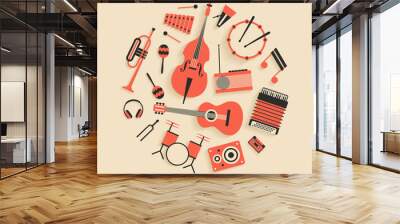 music, vector flat illustration of musical instruments, icon se, white background. Wall mural