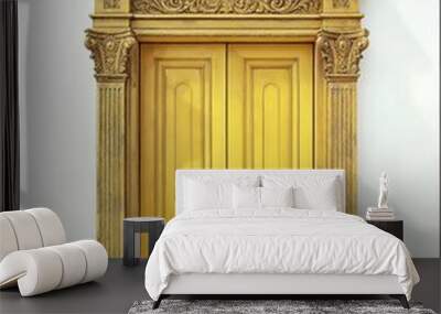 3d rendering of black and gold door with white background, door frame. The top is made from solid wood, while the bottom half features a golden border. It has two doors that open to reveal an entrance Wall mural