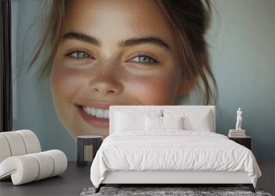 Portrait of a beautiful young woman with a happy smile and clean, fresh skin on a white background Wall mural