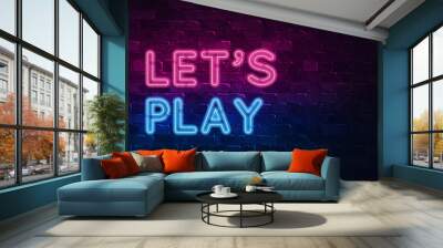 Retro 3d render banner with blue neon signboard let's play on colorful background for game design. 3d neon sign. Colorful design. Streaming video game. Neon banner. Concept design. Game logo. Wall mural