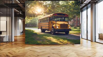 School bus on the road, driver transporting students for elementary education, yellow vehicle providing public safety. Wall mural